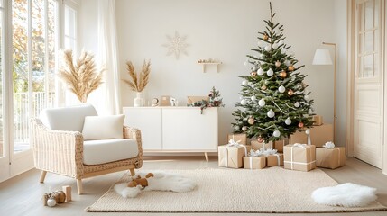 Cozy and festive living room featuring a wicker armchair and a beautifully decorated Christmas tree surrounded by gift boxes creating a warm and inviting holiday atmosphere