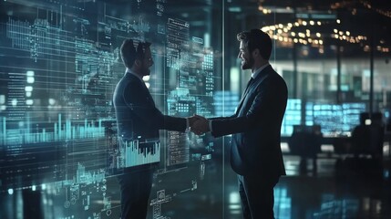 Poster - Two men shake hands in front of a computer screen with a lot of numbers