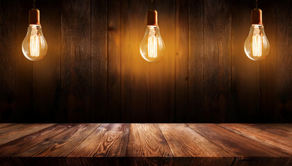 Poster - Retro light bulbs illuminate empty dark wood with a blank space._1(677)