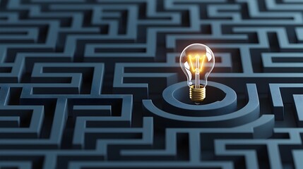 Poster - Glowing Light Bulb at the Center of a Maze on a Dark Blue Background Representing the Concept of Creativity and Problem Solving