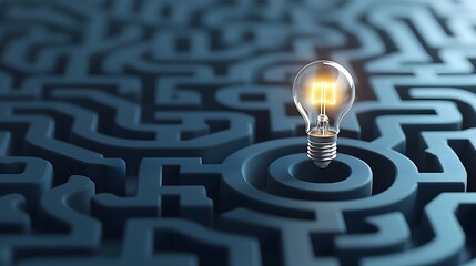 Fototapete - Glowing light bulb in the center of a maze against a dark blue background representing the creative process and the journey to solve problems and find solutions
