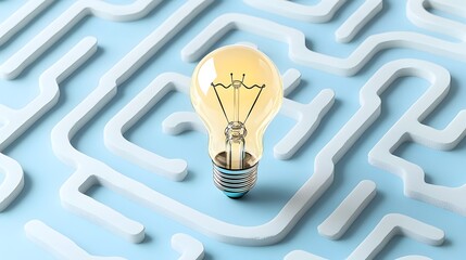 Fototapete - Generative AI Rendered Depicting a Glowing Light Bulb at the Center of a Labyrinth Symbolizing Innovative Problem Solving