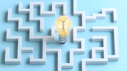 Fototapete - Innovative concept symbolizing idea and problem solving with a light bulb at the center of a maze on a minimalist blue and white background  This image represents the process of creativity