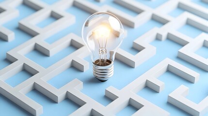 Fototapete - Conceptual image depicting a light bulb in the center of a maze on a blue and white background symbolizing the process of idea strategic thinking
