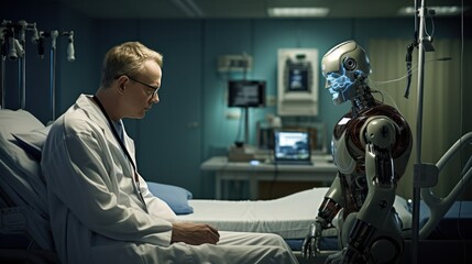 Poster - a male doctor and a humanoid robot working together in a hospital setting