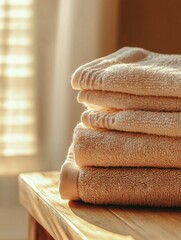 Poster - A stack of soft beige towels rests on a wooden countertop, illuminated by gentle morning sunlight streaming through the window. Generative AI