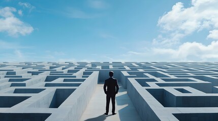 Poster - Silhouetted Businessman Facing the Maze s Opening with Blue Sky Overhead Symbolizing the Pursuit of Corporate Solutions and Breakthroughs in the Face of Challenges and Uncertainties