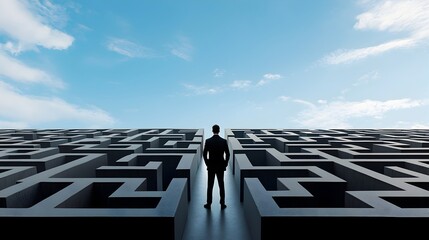 Poster - Silhouetted Businessman Facing the Maze s Opening with Blue Sky Above Representing the Pursuit of Solutions and Breakthroughs in Corporate Life and Professional Endeavors