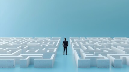 Poster - Formal businessman standing at the entrance of an intricate maze with a blue background highlighting the solution oriented journey of navigating business obstacles and challenges