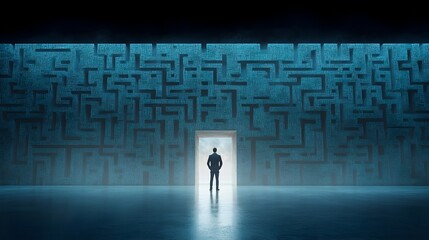 Poster - Confident and determined businessman stands before a large intricate maze entrance