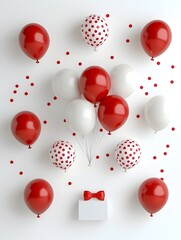 Poster - Elegant 3D arrangement of red and white balloons scattered on a white background perfect for new year parties festive events and other celebratory occasions