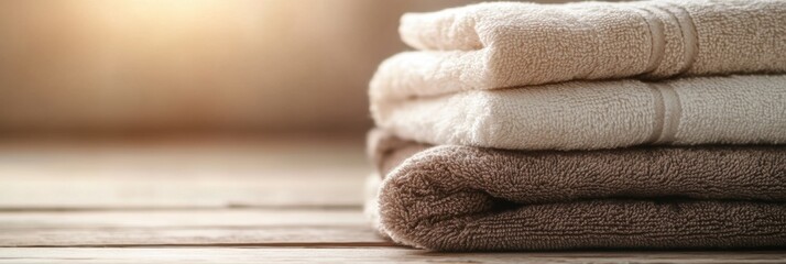 Aufkleber - Three neatly folded towels in soft colors are stacked on a wooden surface, illuminated by gentle, warm light from above. Generative AI