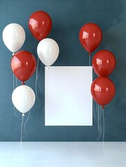 Poster - Vibrant 3D render of bright red and white balloons arranged playfully on a clean white backdrop capturing the festive and joyful atmosphere of a new year concept