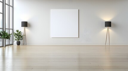 Aufkleber - Elegant and sophisticated blank canvas mockup displayed on a clean white wall spotlighted by modern lamps with refined lighting details in a contemporary minimalist interior design setting