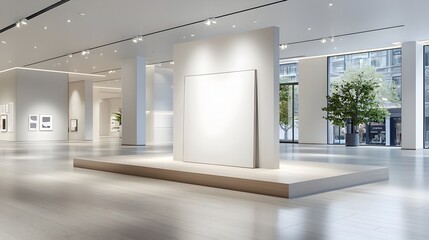 Aufkleber - A 3D rendered image of a blank canvas illuminated by spotlights set in an elegant and minimalist interior design with sleek flooring and stylish decor