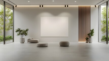Aufkleber - Sophisticated 3D Rendering of an Elegant Minimalist Room with a Blank Canvas Highlighted by Overhead Spotlights Creating a Calm and Contemporary Ambiance
