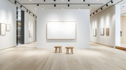 Aufkleber - Elegant and contemporary room setting featuring a blank canvas on display accentuated by stylish spotlights that create a refined and minimalist interior concept