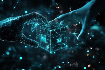 Poster - Two glowing digital hands pass a glowing cube of data in a dark background with bokeh lights.