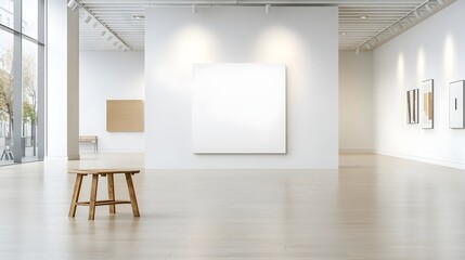 Poster - Elegant and chic blank canvas mockup displayed in a modern minimalistic room setting with soft spotlights illuminating the serene and peaceful space