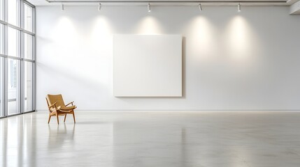 Poster - Elegant blank canvas mockup in a chic minimalistic room with soft spotlights illuminating the serene modern space  The clean