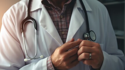 Wall Mural - Photograph of a close-up shot of a male doctor's hand gently placing a stethoscope