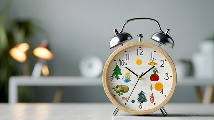 Aufkleber - Enchanting wooden fantasy alarm clock with seasonal imagery illuminated by warm cozy bokeh light symbolizing the natural flow of clean energy cycles and the tranquil passage of time