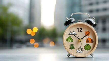 Aufkleber - Enchanted Wooden Alarm Clock with Seasonal Imagery and Warm Bokeh Lighting Symbolizing Clean Energy Cycles and the Natural Flow of Time