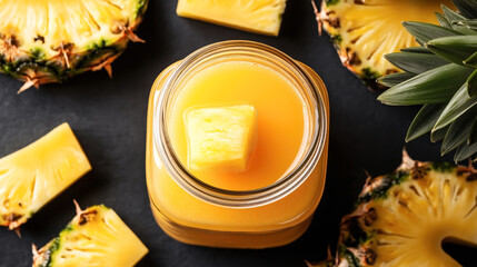 Wall Mural - Top view of a jar filled with fresh pineapple juice with a pineapple chunk. Surrounding the jar are pineapple slices and leaves on a dark background.