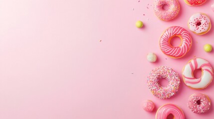 Poster - Photo of, Pink background with swirling candies and donuts for design, banner template