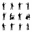 © Mikke - Silhouettes of people, musicians, and a band playing jazz at a concert