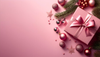 pink background features a christmas gift box amidst festive decorations on a flat surface._1(625)