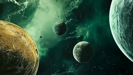 Wall Mural - a large, golden planet orbits in the green nebula of a distant galaxy
