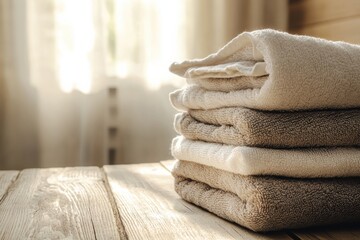 Aufkleber - Neatly arranged towels in soft neutral tones are placed on a rustic wooden surface, illuminated by gentle morning sunlight. Generative AI