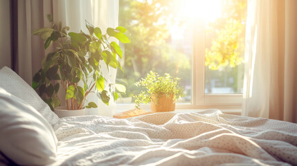 Serene morning bedroom ambiance with sunlit windows and indoor plants