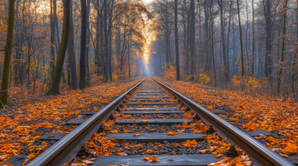 Tranquil autumn forest railway with colorful falling leaves at sunset