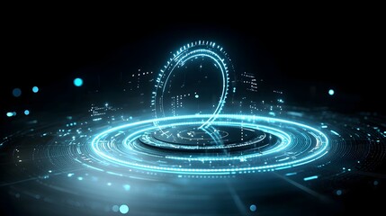Poster - Glowing digital particles riding fluid blue waves on a dark background with white highlights symbolizing futuristic technology and the dynamic flow of data and information
