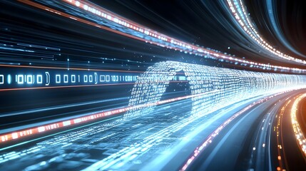 Aufkleber - Glowing digital particles riding dynamic blue waves on a dark minimalist background with white highlights symbolizing the flow of futuristic technology and data
