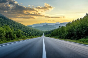 a scenic highway stretches through a valley, lined by lush green trees on either side. the road lead