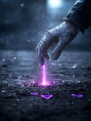 Witch s Hand Crawling Out of Enchanted Soil Surrounded by Swirling Purple Mist and Glowing Mystical Runes on the Ground   Supernatural Fantasy Scene