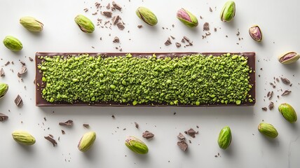 Dubai Chocolate Kunafa Pistachio on white background,Dubai Chocolate bar with green kadayif and pistachio spread,popular and viral chocolate 2024,space for text.