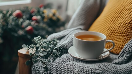 Warm cup of tea on cozy blanket in comfortable setting