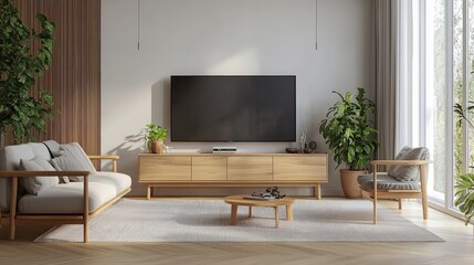 Poster - A bright and airy minimalist living room featuring a large TV, light wood furniture, and clean, neutral decor, creating a functional entertainment area.