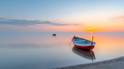 Poster - Tranquil sunset over a quiet coastal beach soft pastel hues in the sky a single boat gently rocking on the calm waters creating a serene and peaceful moment of natural beauty and solitude