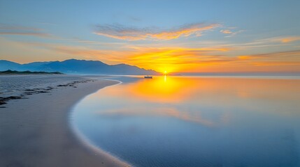 Poster - Majestic sunset over a peaceful beach with calm waters beautifully reflecting the vibrant colors of the sky  A solitary boat rests quietly near the horizon creating a serene and tranquil scene