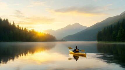Aufkleber - Serene Kayaker Drifting Across Peaceful Lake at Golden Sunset Soft Reflections and Tranquil Outdoor Moment
