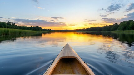 Poster - Kayaker enjoying a serene sunset moment on a calm quiet lake with the glowing sky beautifully mirrored in the still water creating a picturesque and peaceful adventure scene