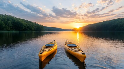 Poster - Kayaker paddling on a still lake during a vibrant sunset with the colorful sky beautifully reflected in the calm water creating a serene and peaceful outdoor adventure scene