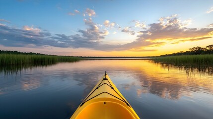 Poster - Serene Solo Kayaker Paddling Through Calm Waters at Sunset Vibrant Sky Beautifully Reflecting on the Peaceful Lake Surface