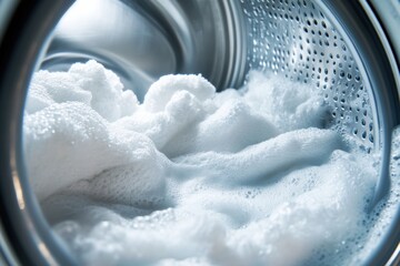 Aufkleber - The washing machine drum is packed with soft white towels soaking in soapy water, indicating a laundry cycle in progress. Generative AI