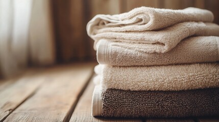 Fototapete - A stack of plush towels in warm, neutral tones is arranged on a wooden table, enhancing the inviting atmosphere of the room. Generative AI
